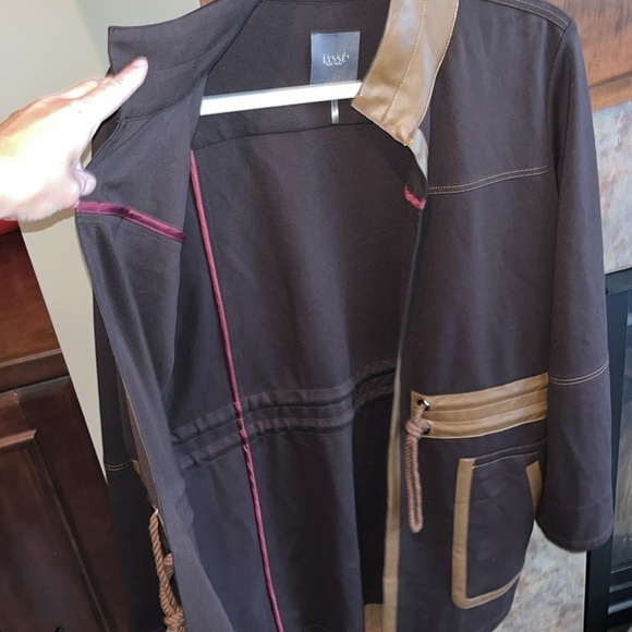 Dark brown stretchy open tan faux leather trim Lysse Margaret Parka jacket M - Picture 5 of 13